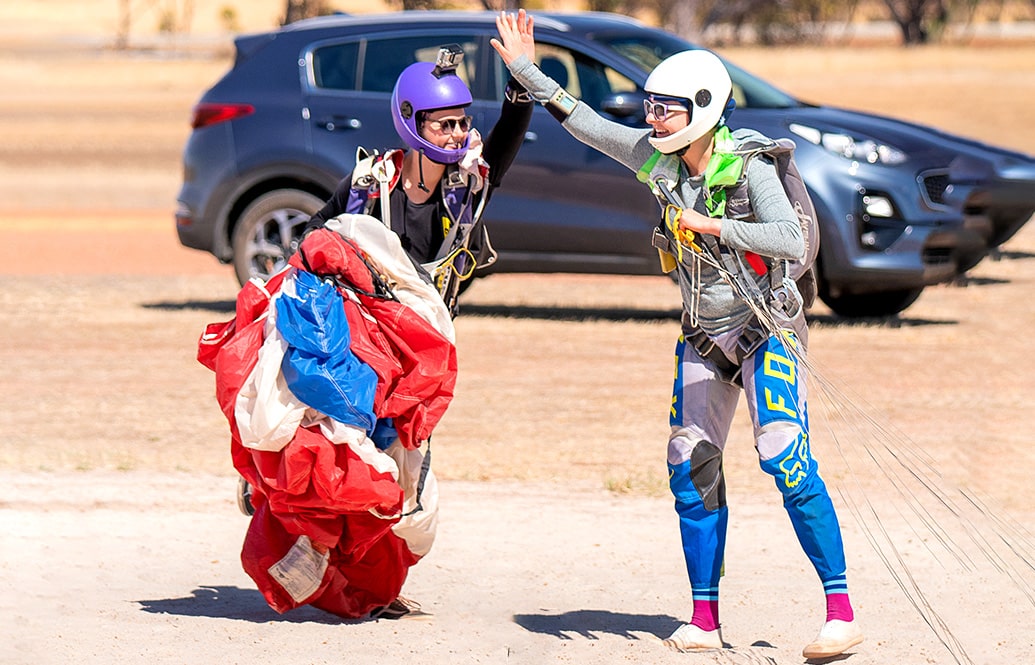 Two skydivers after their spectacular parachute jump in Australia.