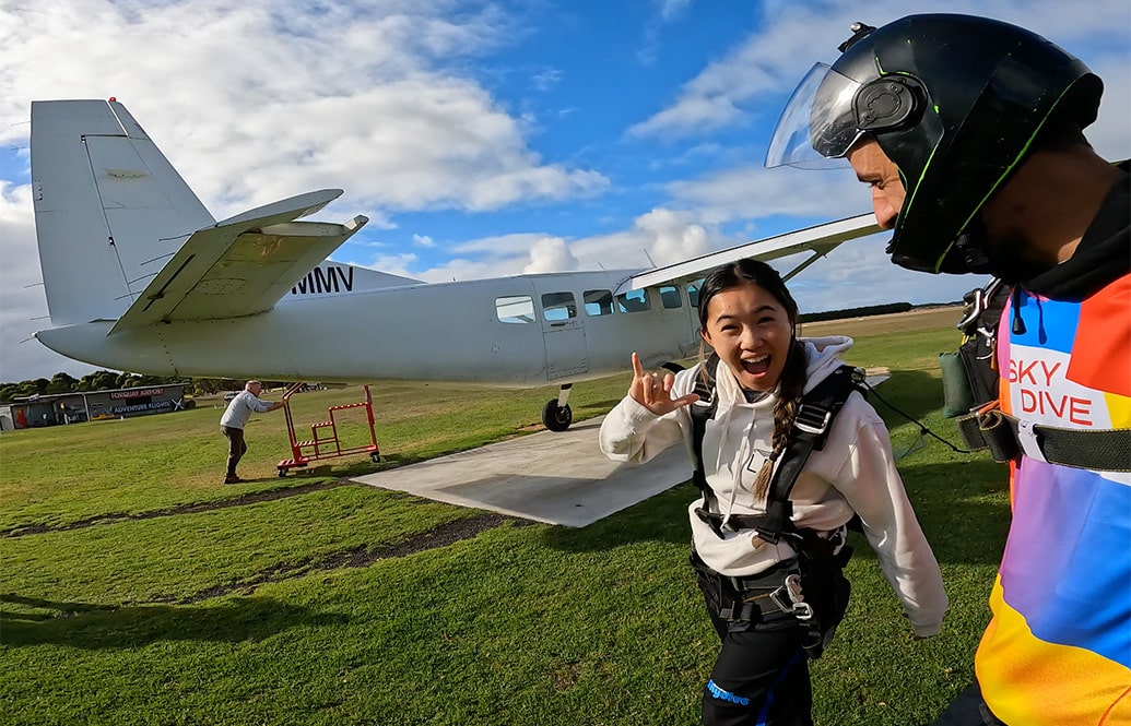 Jordaund about to go skydiving with her team.